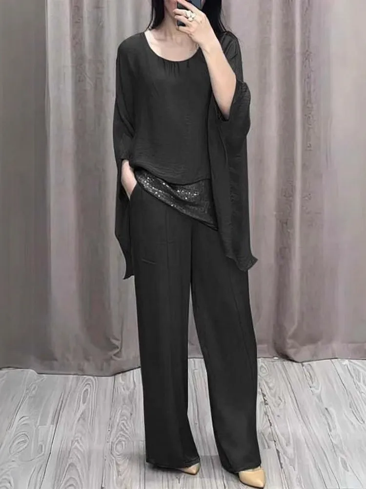 

2 Piece Women Sets 2025 New Arrival Summer Autumn Matching Sets Two Pieces Sets Top And Wide Leg Pants Suits Outfits Clothing