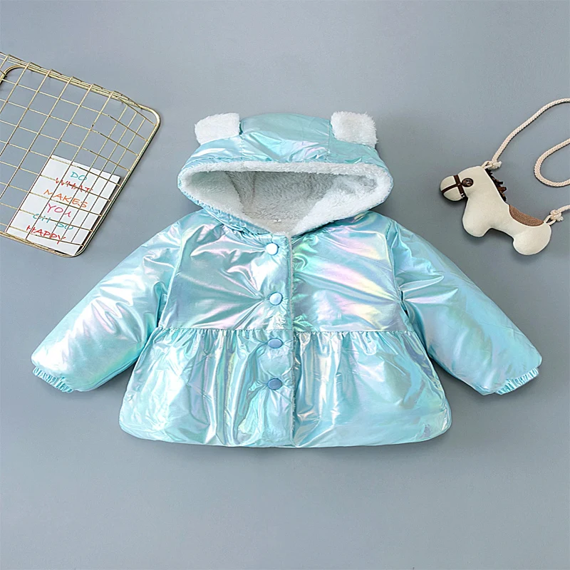 Autumn and Winter 2024 Girls' Solid Color Single breasted Thickened Rabbit Ear Hooded Casual Cotton Clothes 2-6 Years Old