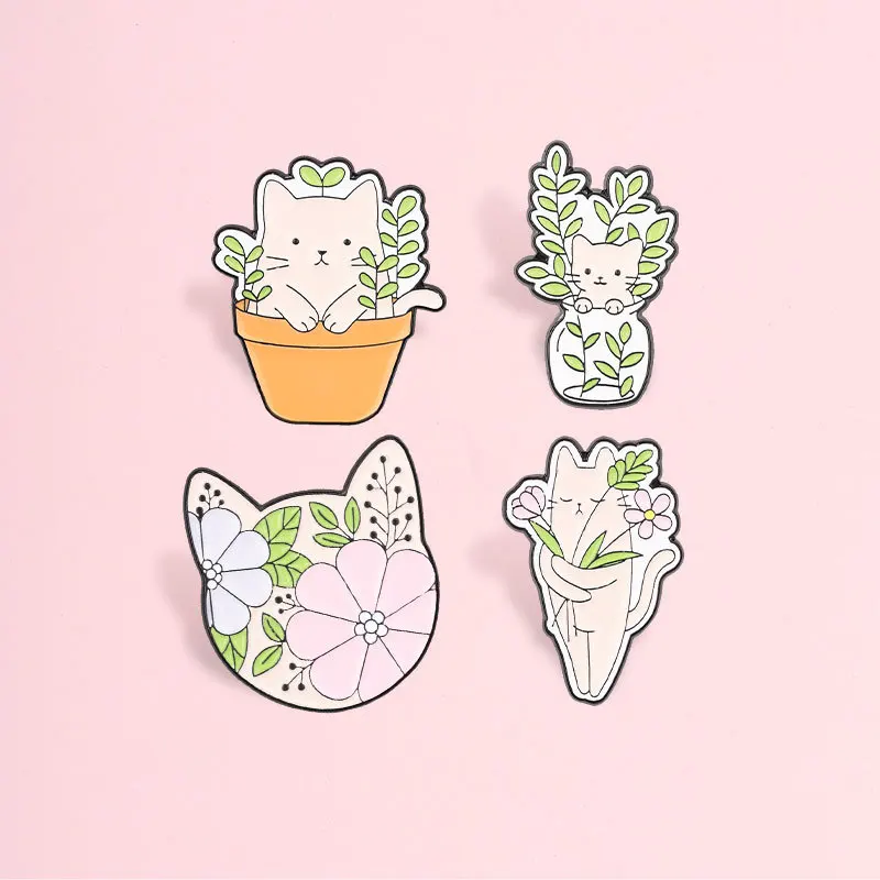 Cartoon Forest-themed Flower and Plant Cat Pin Greenery Kitten Accessories Spring Creative Cultural Merchandise Badge