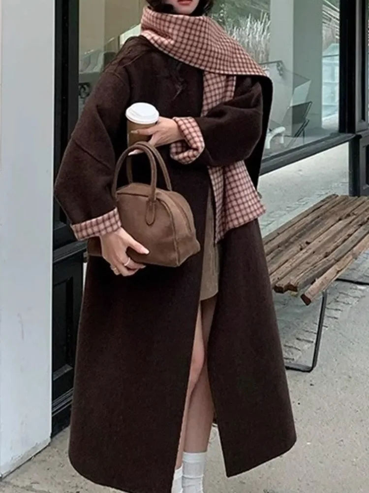DFDG dubbelzijdige wollen jas voor dames 2025, omkeerbare lange geul met afneembare sjaal, vintage slanke herfst-winterontwerperjas