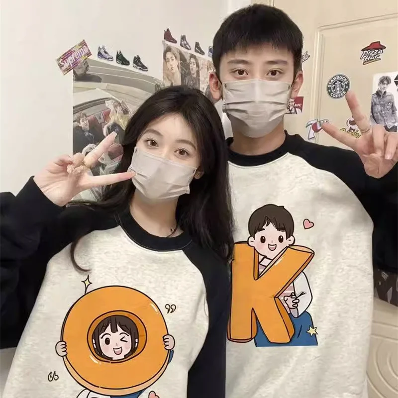 Lovely Chic Y2k Couple Sweatshirts Women Loose Cartoon Design Ulzzang Vintage Students Harajuku Panelled  O-neck Personality