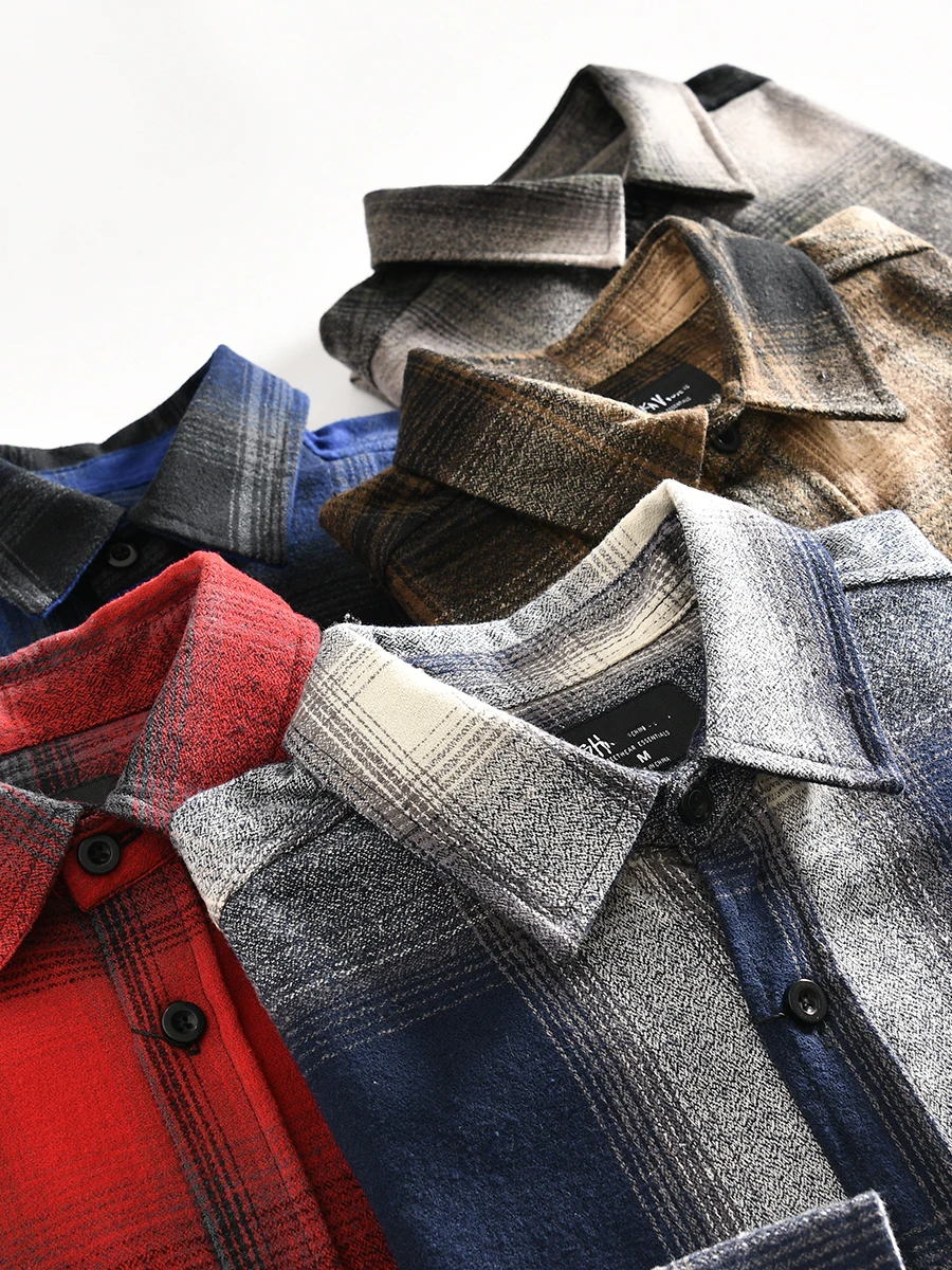 Boxed Set! Gradient Plaid! Men's Spring American Retro Loose Casual Long Sleeve Shirt Jacket Standard Fit Youth Trend Cotton ...