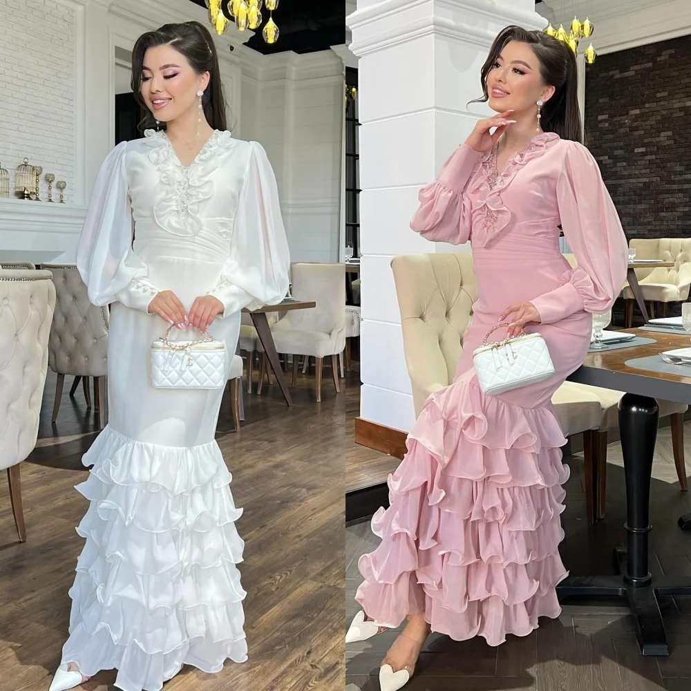 Robes longues personnalisées formelles rétro en mousseline de soie plissée froncée à plusieurs niveaux sirène col en v robes d'occasion sur mesure Pastrol de haute qualité