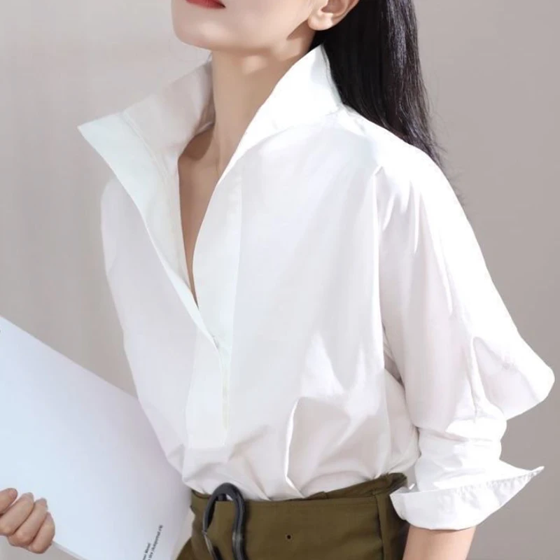 Women's Cotton Shirt Tops 2024 Autumn New Solid White Lapel Collar Long Sleeves Buttoned T-shirt Female Commuter Blouse