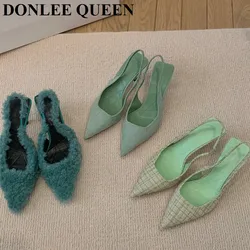 2023 Autumn New Brand Pointed Toe Slingback Shoes Thin Heels Shallow Slip On Ladies Elegant Sandals Green Rose Pink Pumps  Mujer