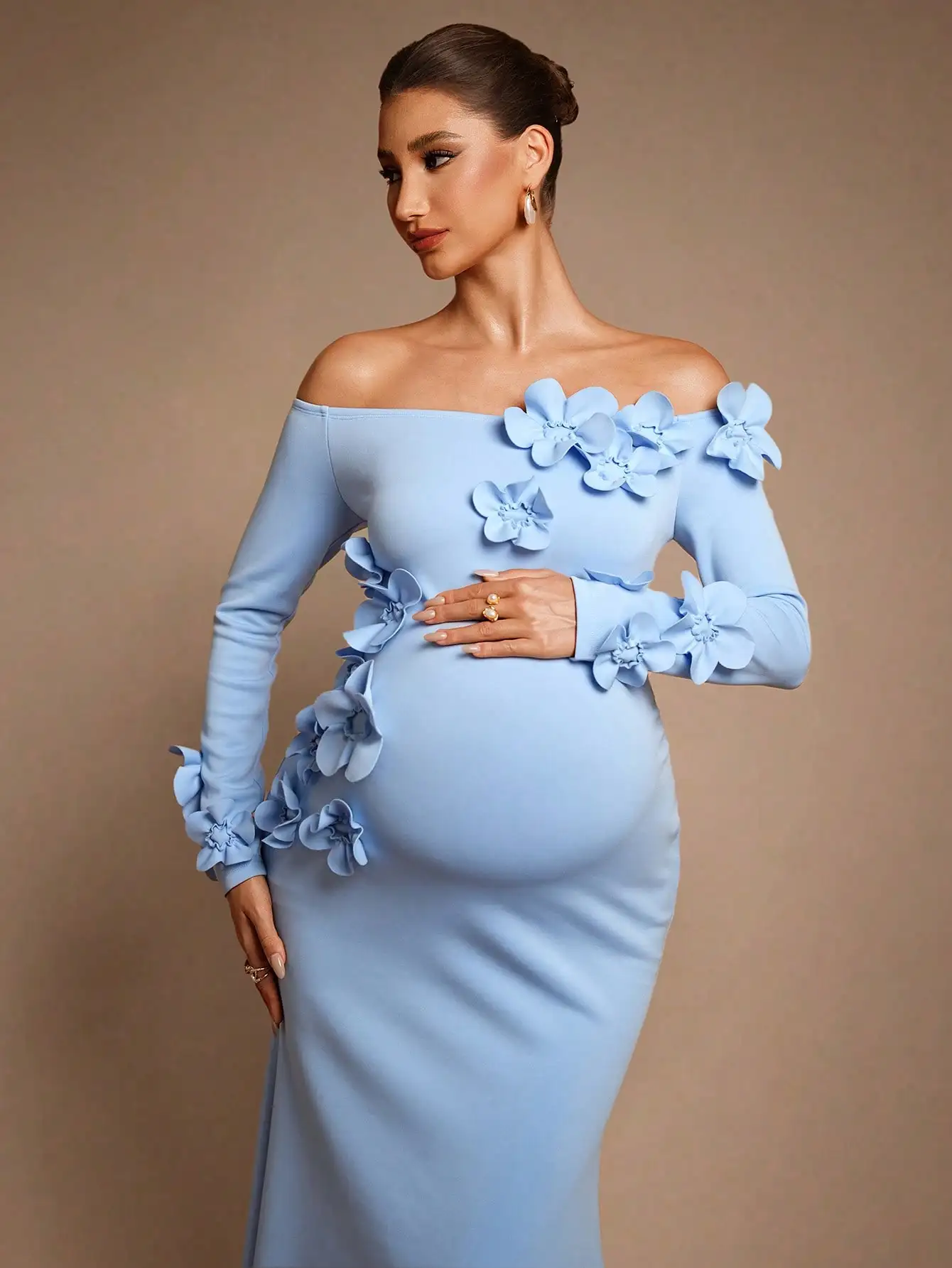 

Baby Blue Off-Shoulder Maternity Evening Dress with 3D Floral Appliques