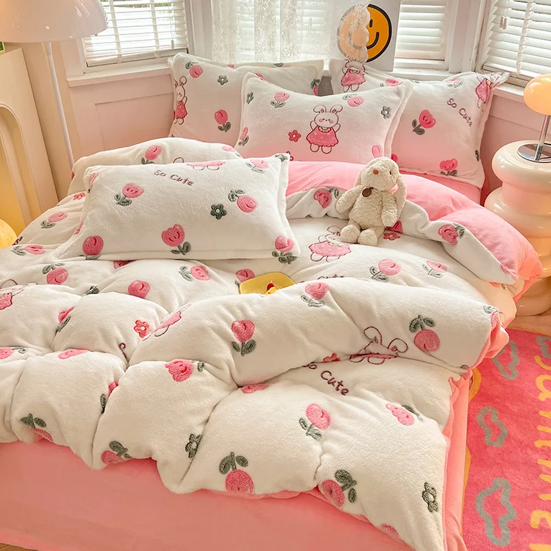 

3Pcs/4Pcs Bedding Set, Flower Print Thicken Winter Super Warm Duvet Cover with Sheet Pillowcases for Single Double Bed