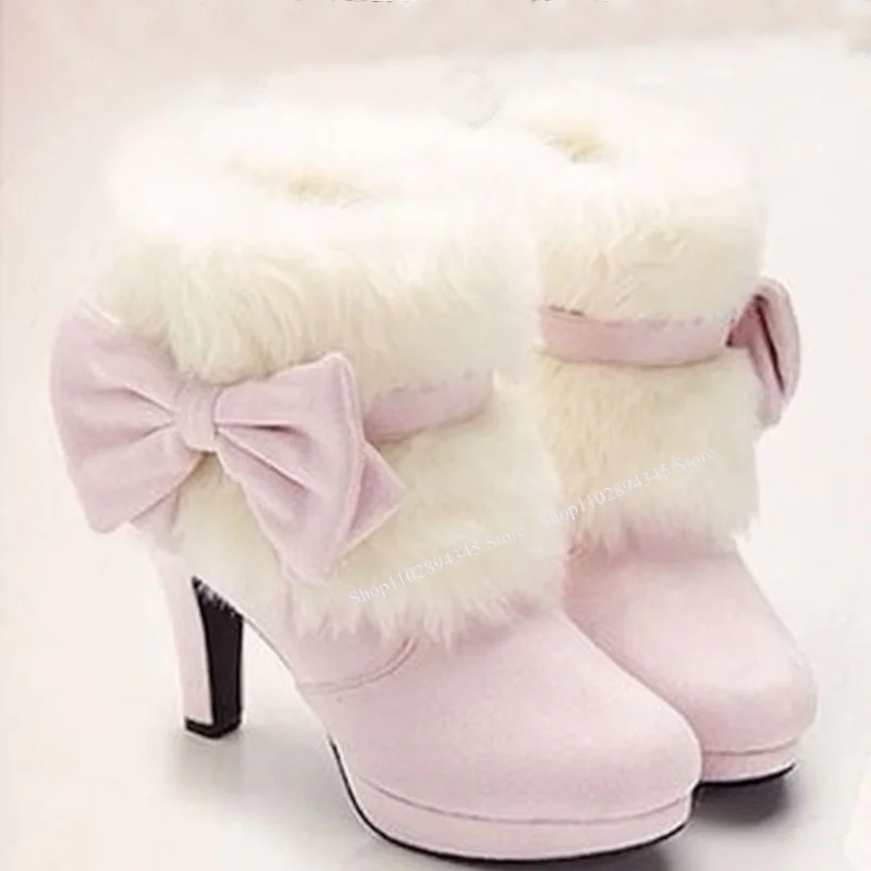 

Pink Fur Warm Bow Knot Boots Thin High Heel Round Toe Fashion Sexy Cool 2024 Winter Big Size Woman Shoes Zapatillas Mujer