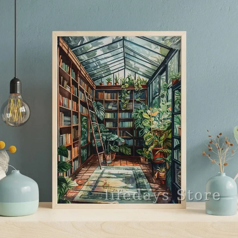 Vintage Greenhouse Library Bookish Books Plants Poster Canvas Printing Book Store Antique Wall Art Picture Reading Room Decor