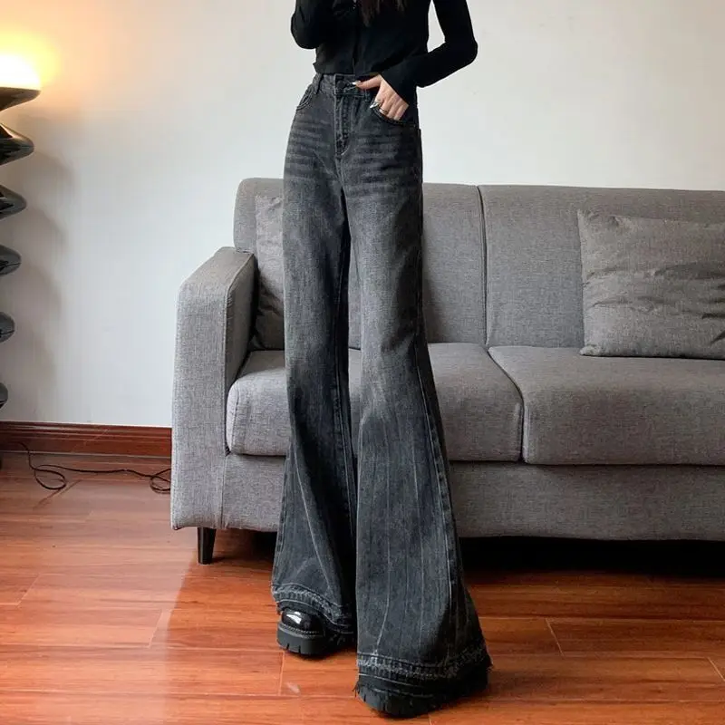 Y2K Retro Women High Waist Flare Jeans Raw Frayed Hem American Vintage Bootcut Wide Leg Denim Horse Hoof Pants