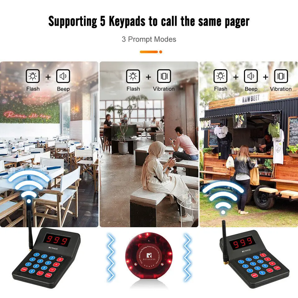 Retekess T119 Restaurant Pager Wireless Paging Calling System Coaster Vibrater Buzzer Receiver 2 Way Charge For Cafe Food Truck