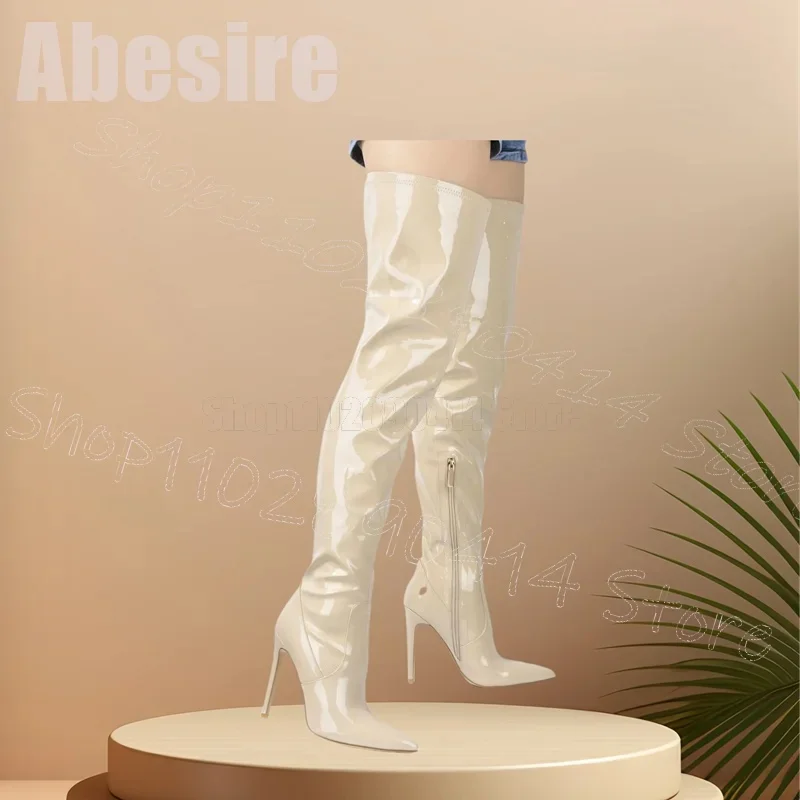 Beige Spitzschuh Lackleder Oberschenkelhohe Stiefel Seitlicher Reißverschluss Damenschuhe Dünne High Heels Party Bankett 2025, Zapatos Para Mujere