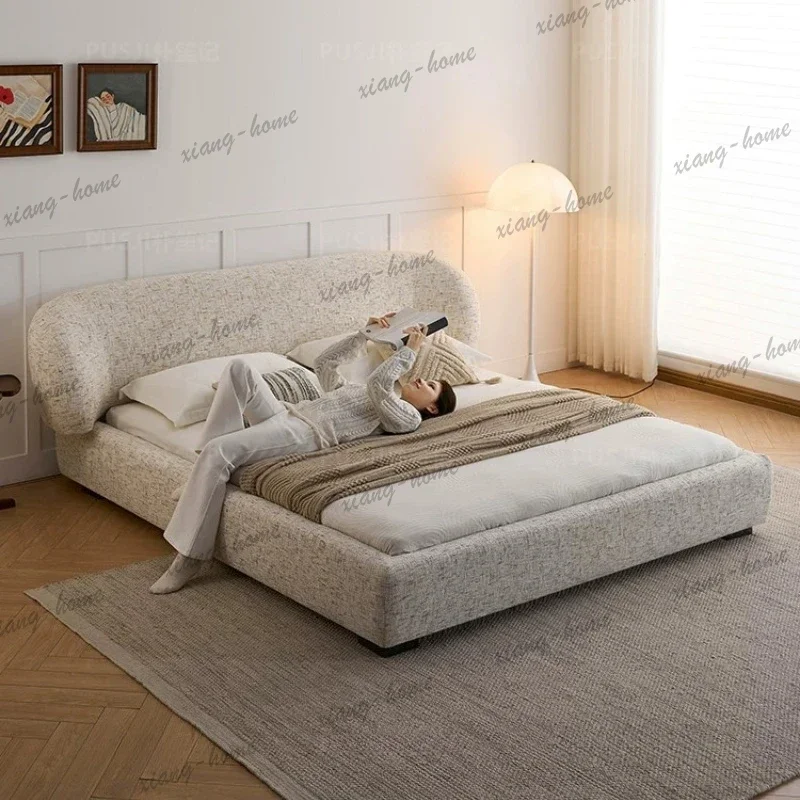FG Cream Style Hugging Fabric Bed Modern Minimalist Coarse Linen Double Bed for Master Bedroom 180x200cm Designer Furniture