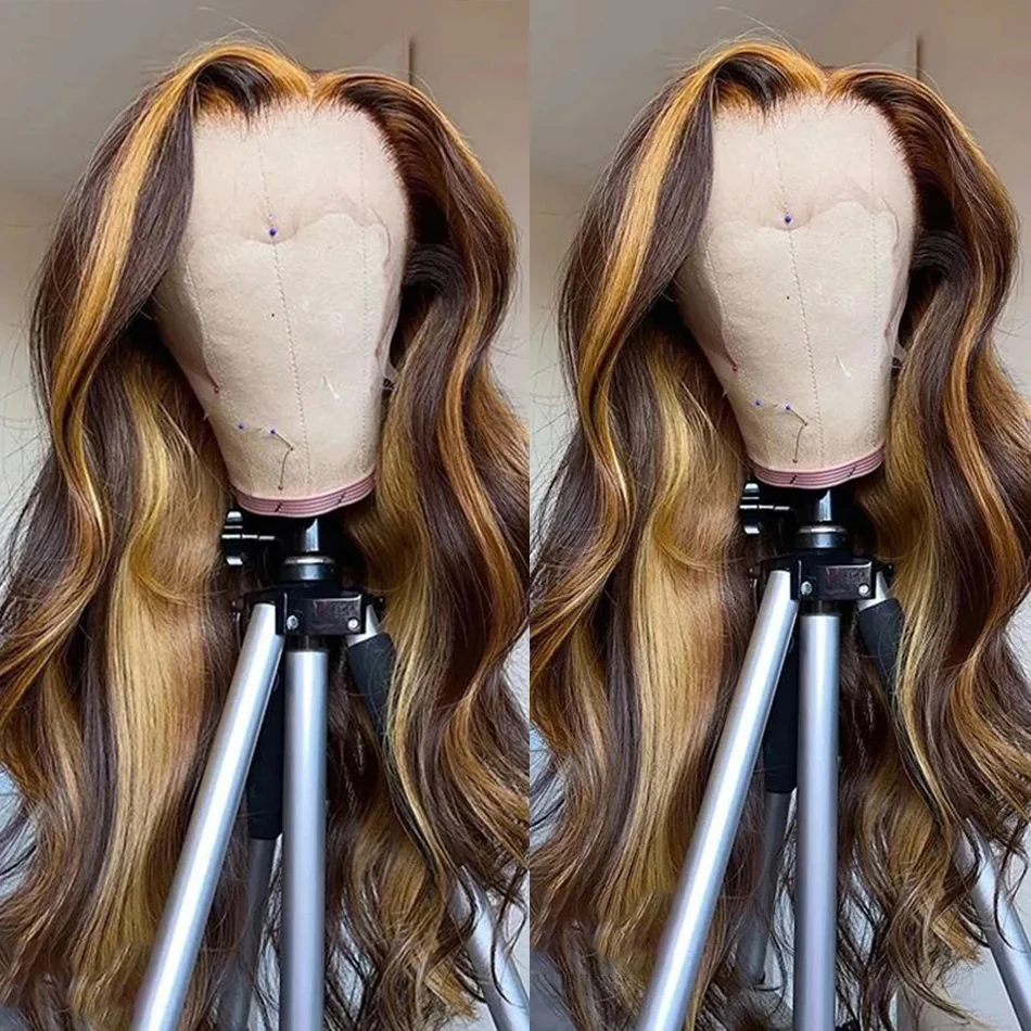 4/27 Colored Lace Front Wig Human Hair HD Lace Body Wave Wigs  Highlight Ombre Honey Blonde Lace Frontal Wig For Woman