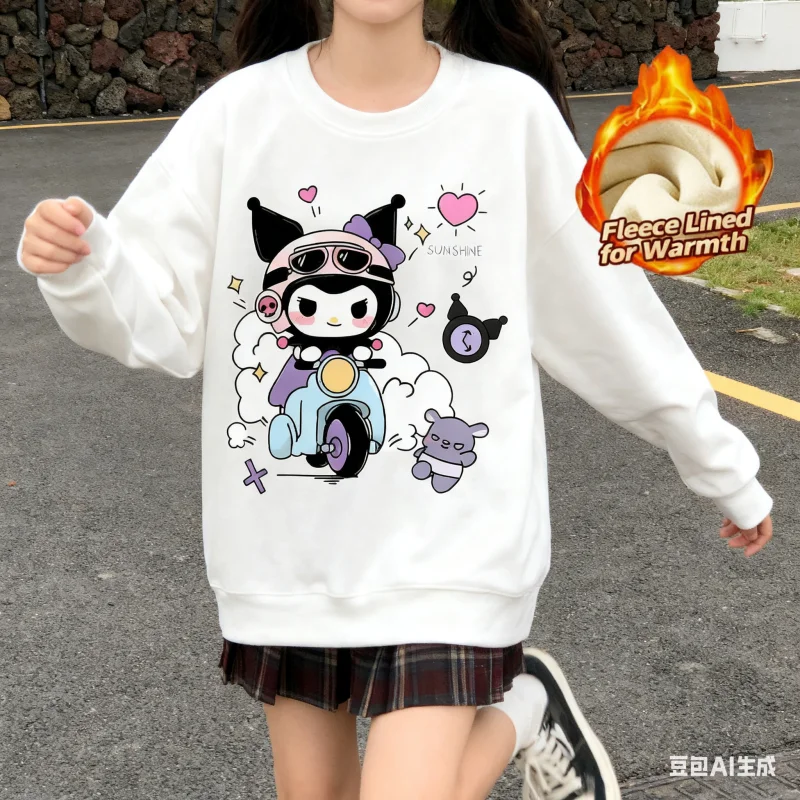 

2025 Sanrio Series Printed Crew Neck Long-Sleeve Top, Cute and Warm Fleece-Lined Crew Neck Long-Sleeve T-Shirt, 100% Cotton