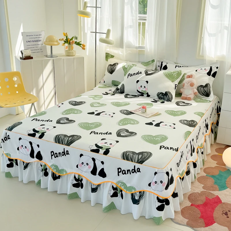 Cartoon Panda Bed Skirt Romantic Love Heart Print Dust Ruffle Pleated Bedskirt Elastic Wrap Around Bed Skirts with 2 Pillowcase