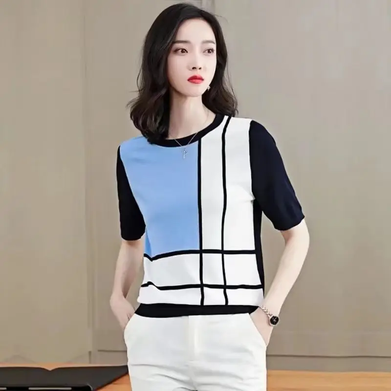 Ice knitted short-sleeved T-shirt women\'s summer new Korean version of thin paragraph loose thin color coat undershirt