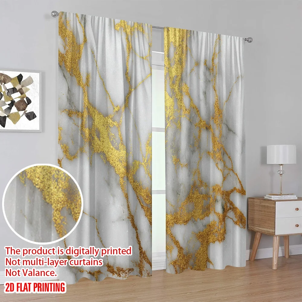 2 قطعة ستارة حفلات مطبوعة مسطحة ثنائية الأبعاد من الرخام الأبيض وأوردة ذهبية وستائر بوليستر مطبوعة رقمية للحفلات العائلية مثالية للفصول الدراسية