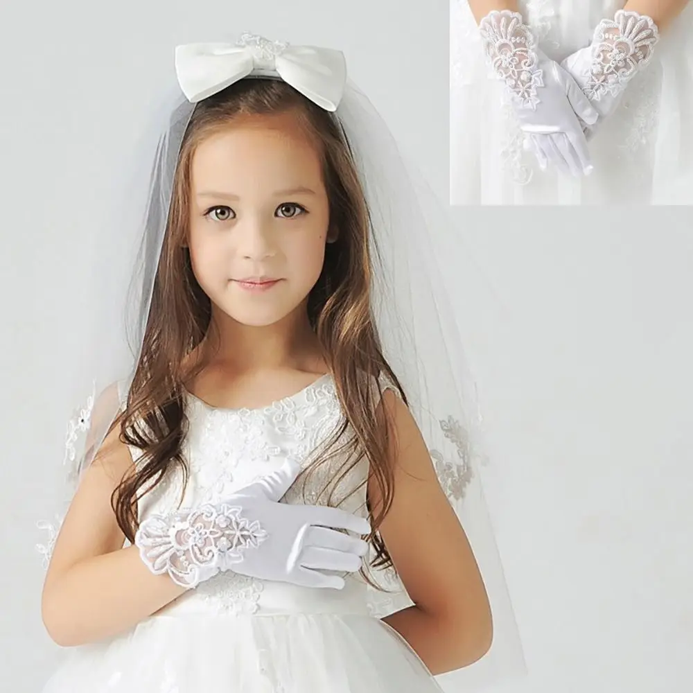 1Pair Girls Gorgeous Satin Fancy  Lace Gloves for Special Occasion Dress Formal Wedding Party