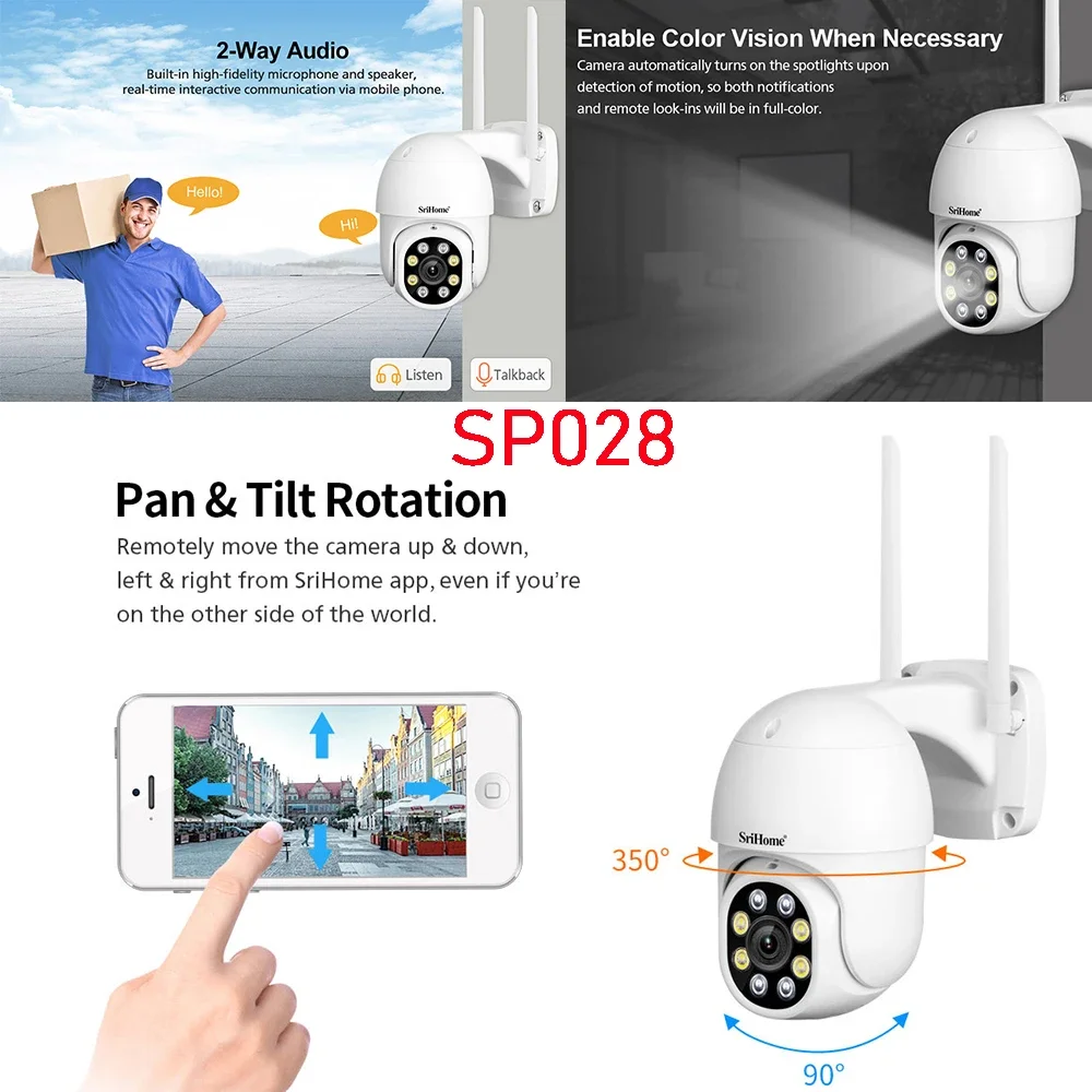SriHome SP028 2MP SH052 5MP PTZ WiFi Camera Ai Auto Tracking Outdoor IP Camera 2-Way Audio Color Night Vision CCTV Surveillance