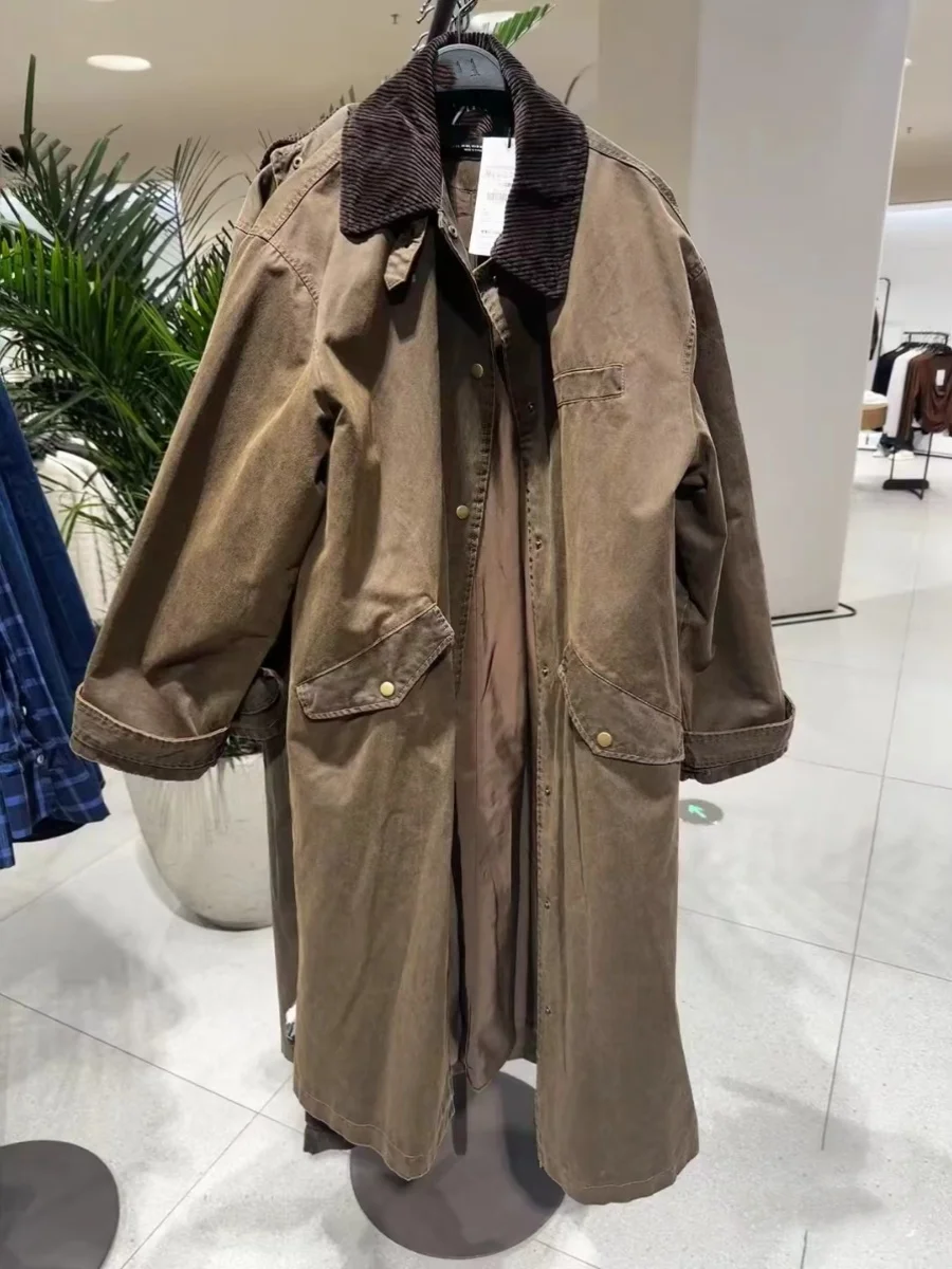 

New 2025 Spring Autumn Women's Long Sve Waxed Leather Effect Coat Vintage Sle Loose Fit Commute Polyester Fiber