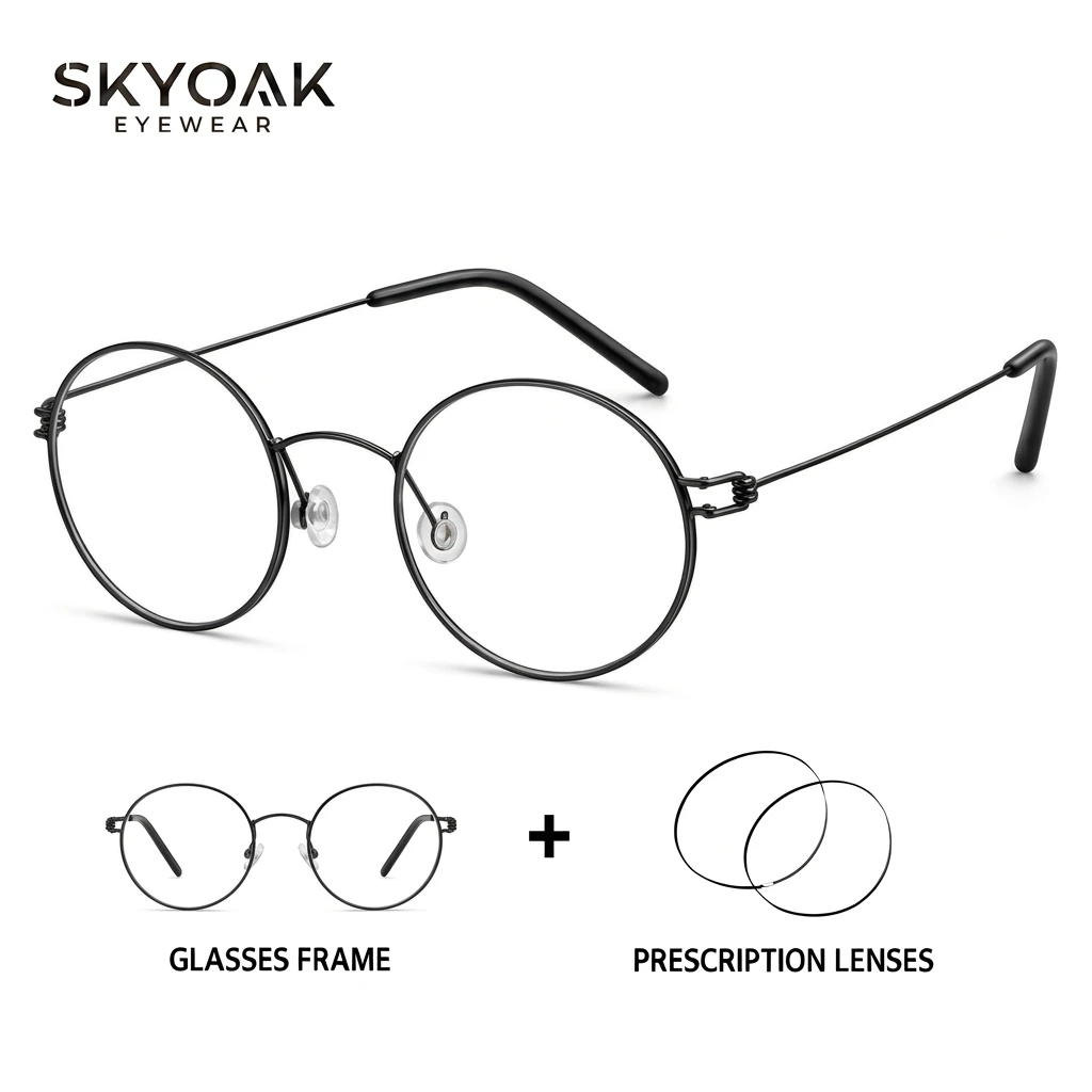 SKYOAK Lightweight Titanium Prescription Glasses Women Men, Retro Round Optical Eyeglasses Myopia Hyperopia Progressive Lenses