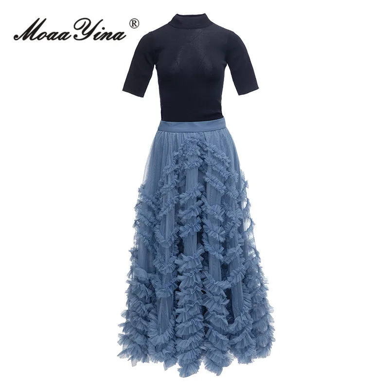 

MoaaYina Summer Fashion Designer Vintage Hit Color Skirt Set Women's Knitting Top+Elastic Waist Ruffles Long Skirt 2 Pieces Set