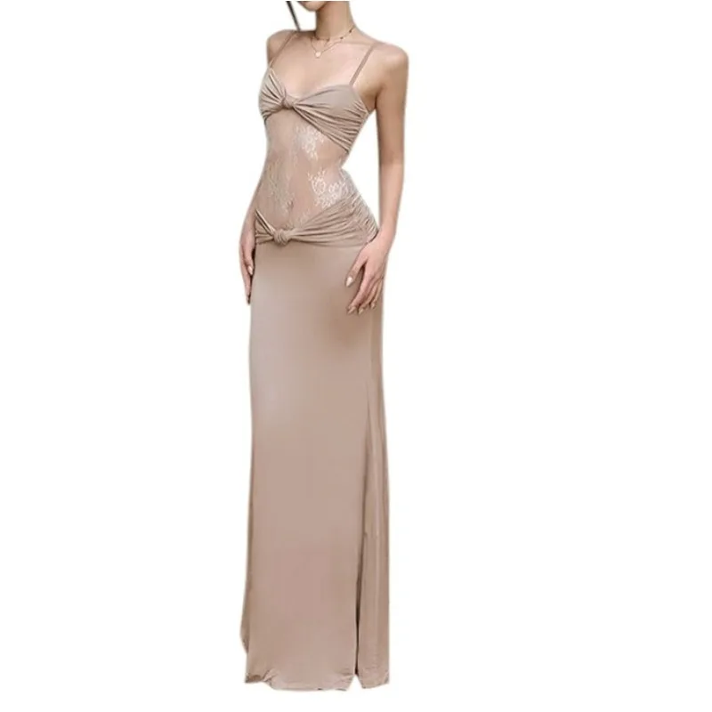 2025 Summer New Women's Summer Solid Color Suspender Back Sleeveless Lace Patchwork Dress