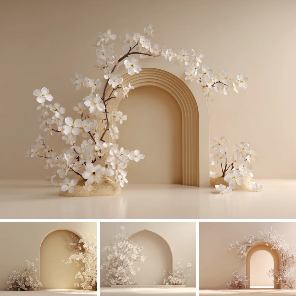 

Photography Background Spring Pink Fresh Elegant Milk White Flowers Light Shadow Kids Family Portrait arched door Backdrop Decor
