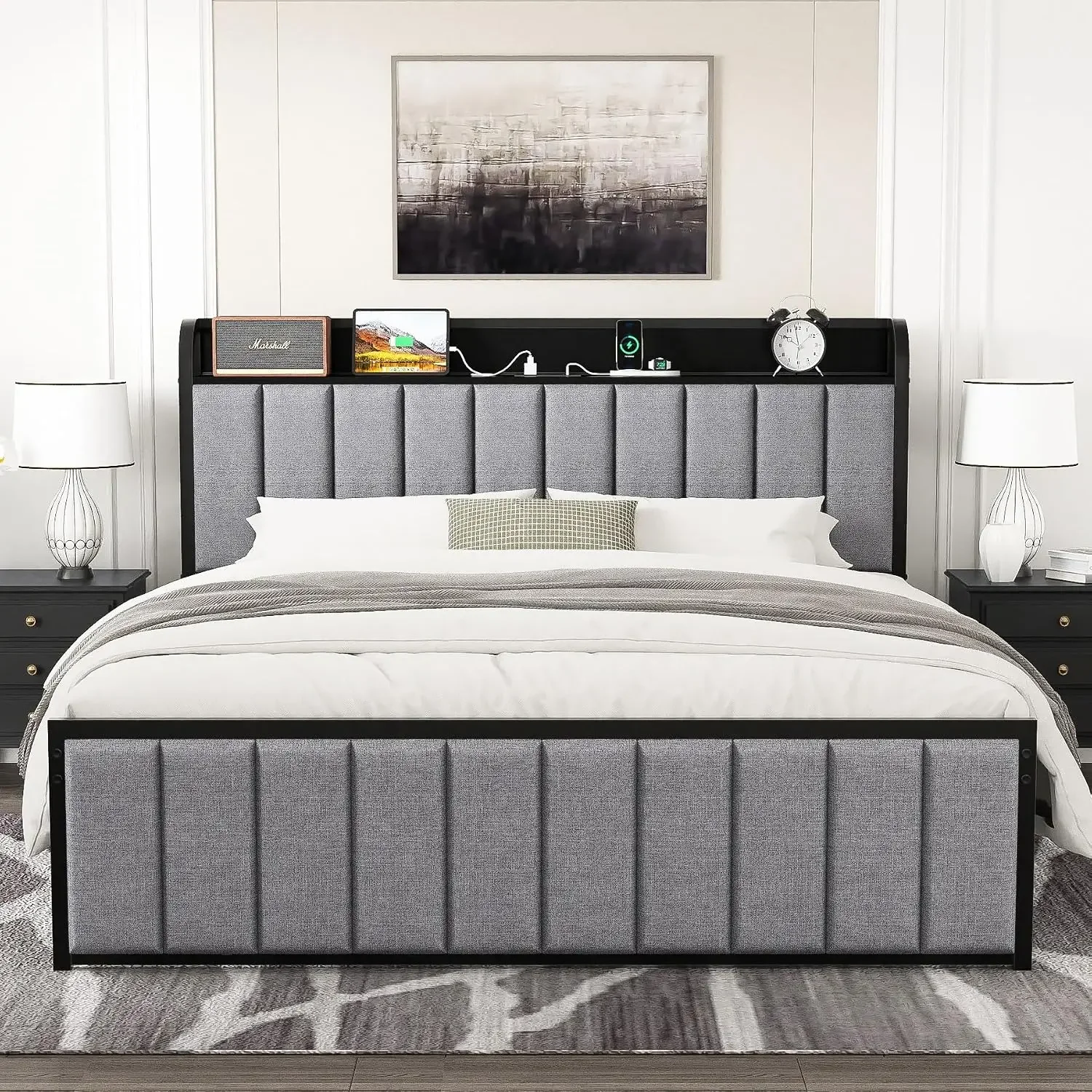 Queen Bed Frame, Storage Upholstered Headboard with Charging Station, Platform Bedframe, Heavy Duty Metal Slats, No Box Spring