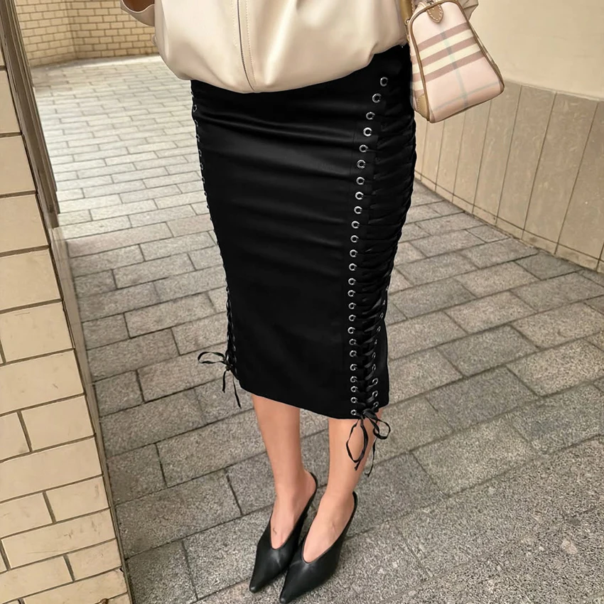 Linad Street Chic Black Satin Drawstring Skirts Woman 2026 Vintage Slim High Waist Straight Skirts Casual Lace Up Skirt Female