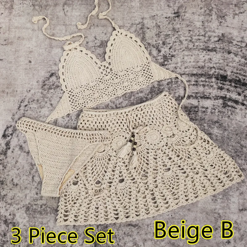 3pcs Maillot de bain crochete a la main pour femmes, ensemble deux pieces, soutien-gorge push up, sexy, crop top, pour la plage
