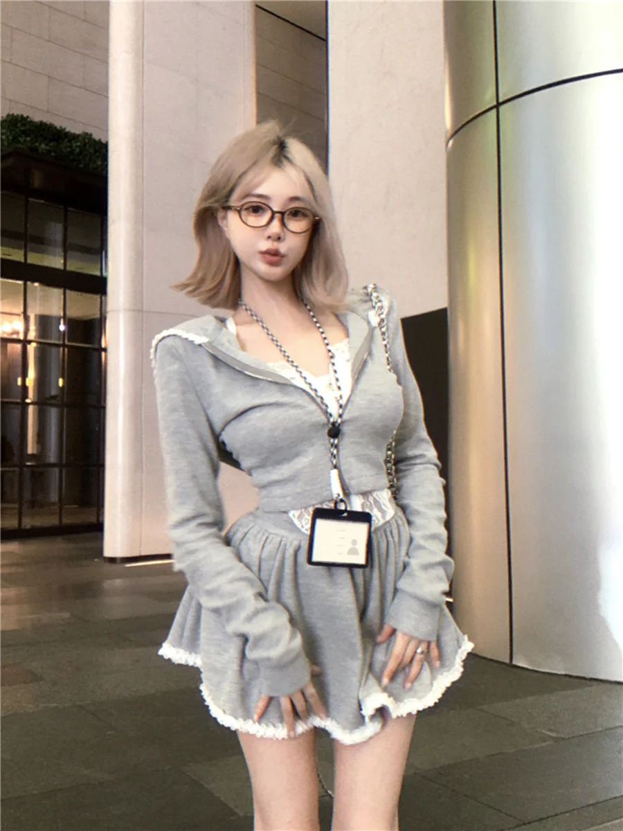 Lace Splice Short Hoodie Jacket Women's Spring Autumn Pure Desire Set A-Line  Skirt Grey Two-Piece Set Fashionable Ensemble