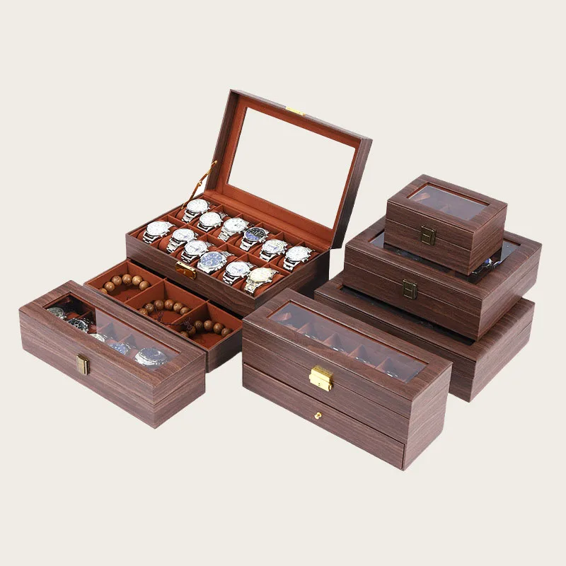 

23/6/10/12 Slots New Windowed Transparent Wood Grain PU Leather Watch Jewelry Storage Box Watch Display Box Men's Watch Box