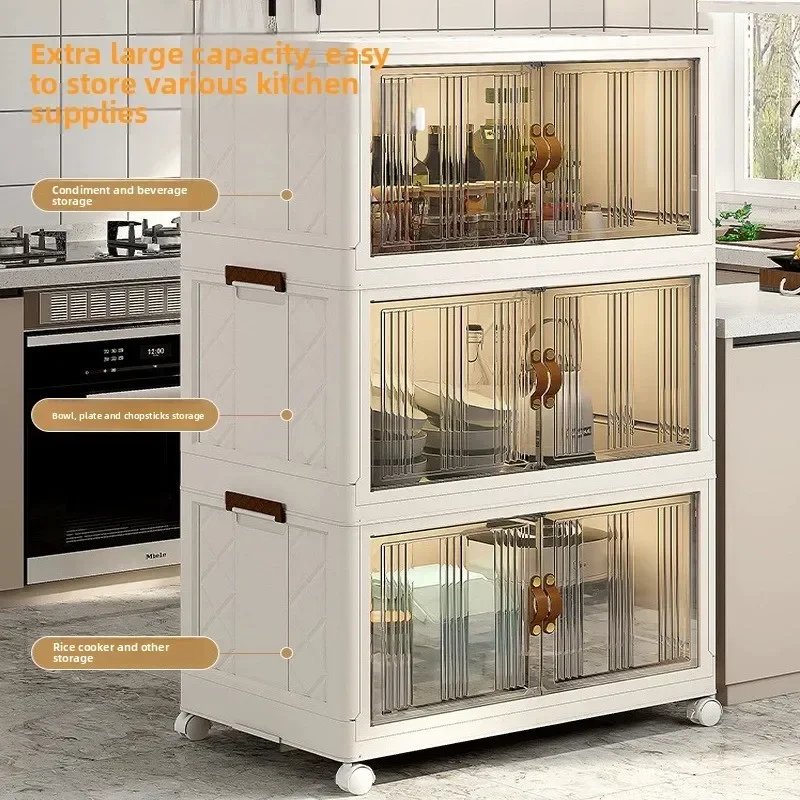Kitchen Rack Storage Cabinet Installation-free Multi-layer Cabinet with Door Cabinet Multifunctional Dishes, Pots Durable