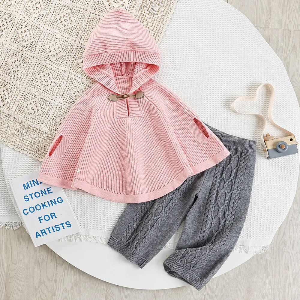 

Korean Kids' Sweater Sets 2025 Autumn Girls Knit Hooded Cape Tops+Pants Baby Girl 2Pcs Suit Childrens Loose Casual Outfits