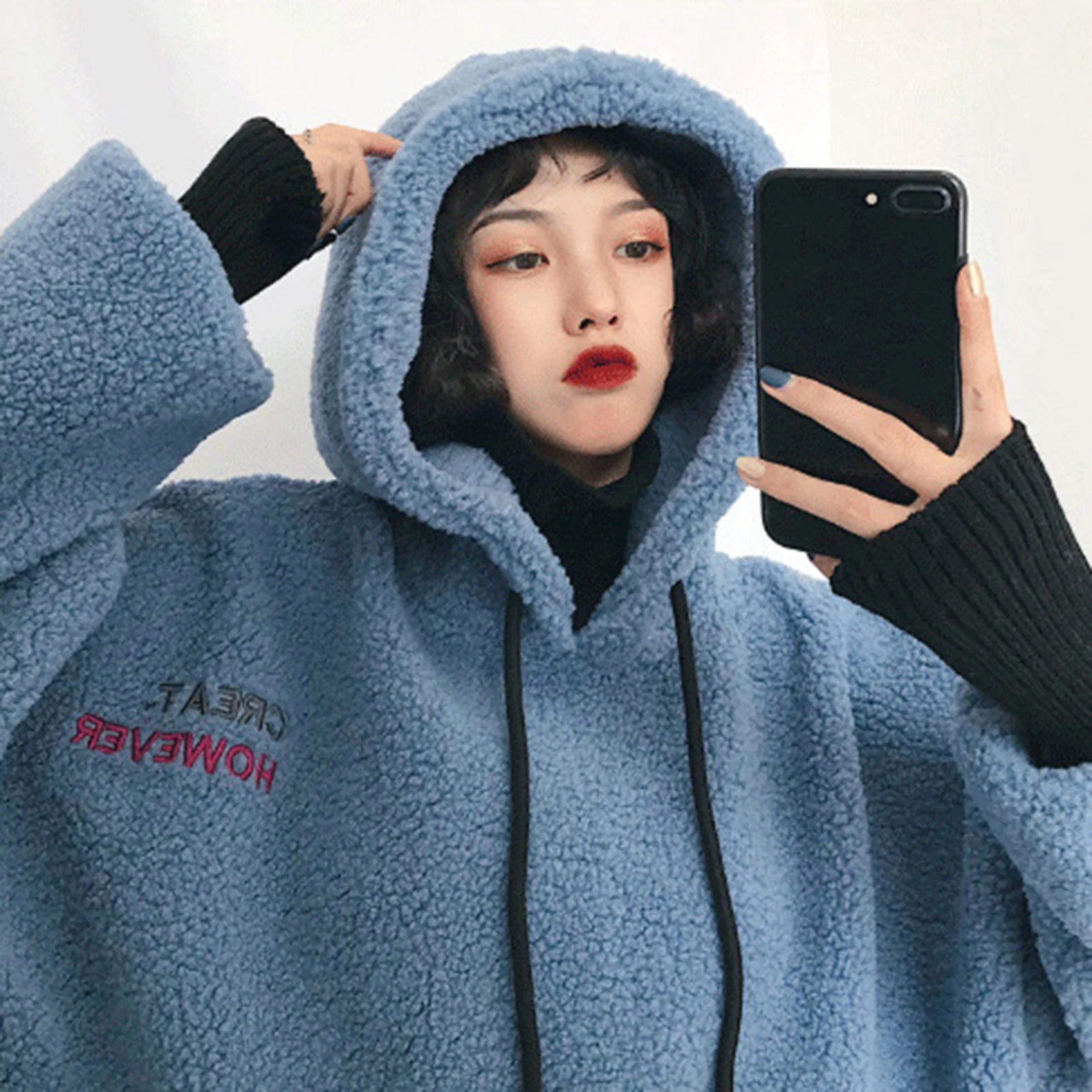 Lamb Wool Hoodies Women\'s Autumn Winter Korean Style Loose Hooded Sweatshirts Long Sleeve Pullover Patch Pocket Warm Jacket