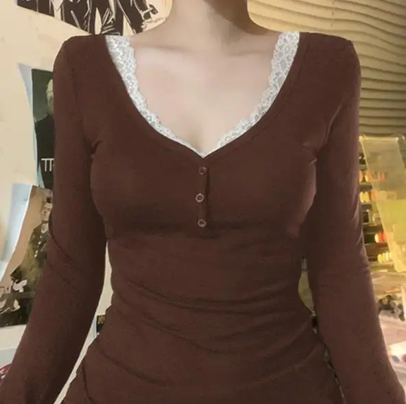 

Autumn Winter Women's T-Shirt 2025 Autumn/winter Y2K Hot Girl Lace Button Long Sleeve T-Shirt Sexy Tight Retro Elegant T-Shirt