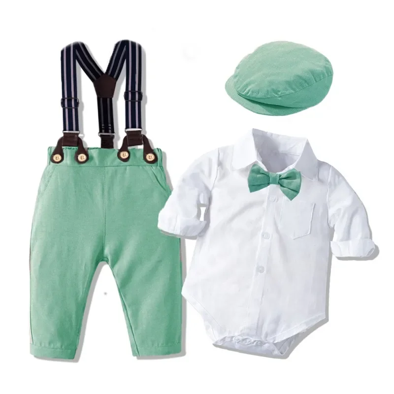 Kleinkind Junge Stram pler Gentleman Kleidung Anzug Neugeborenen Overall Gürtel Bogen Hut Set Baby Jungen 1. Geburtstags feier Anzug Hochzeit Outfit