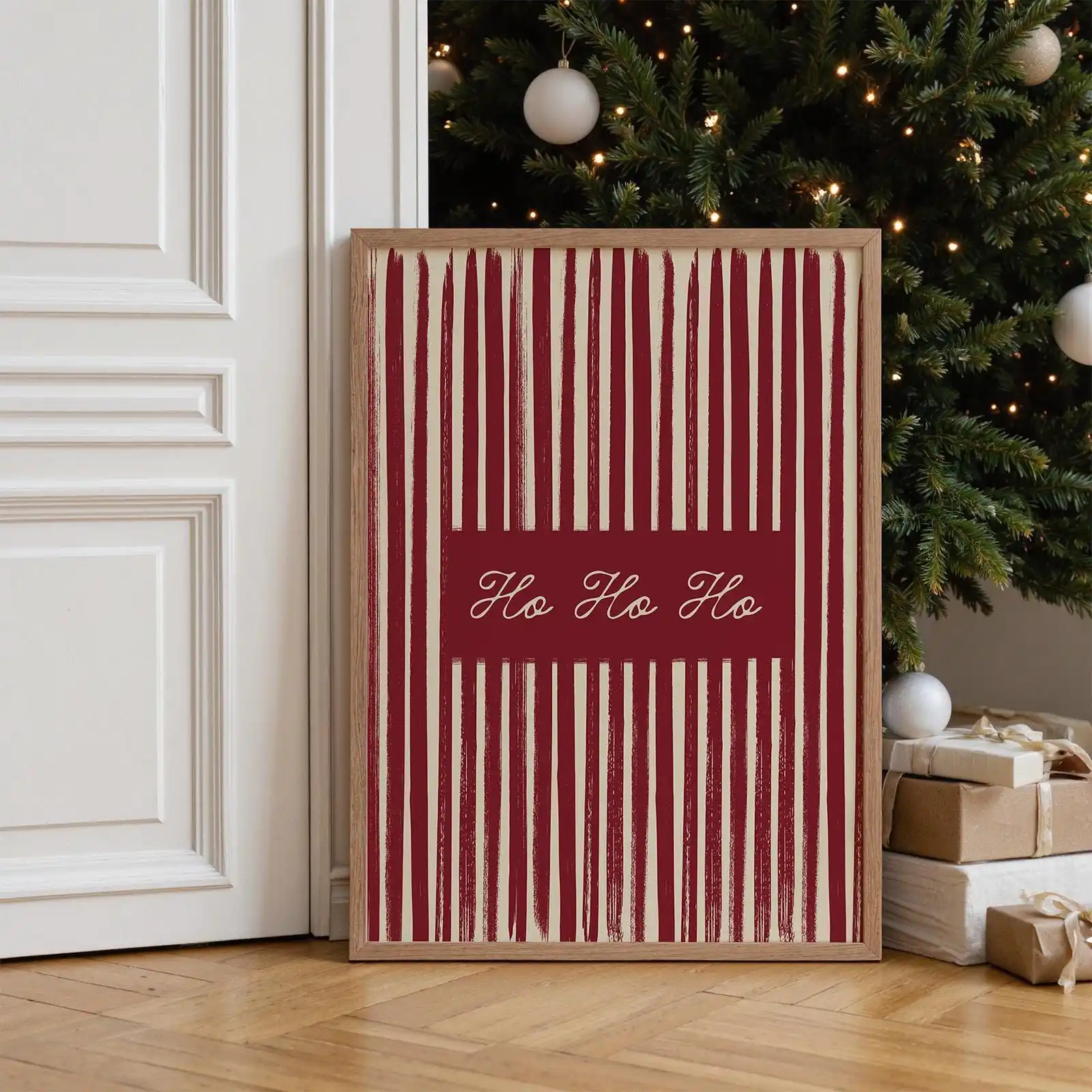Ho Ho Ho Vintage Christmas Canvas Poster Print Unframed Classy Typographic Red Green Stripe Poster for Living Room Bedroom Decor