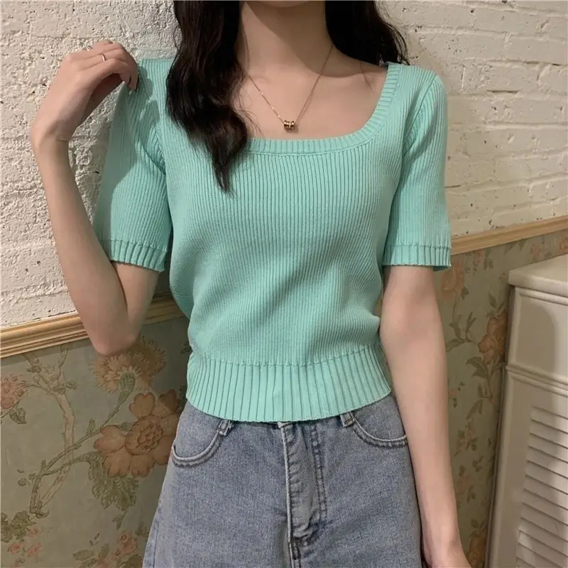 

Ice Silk Short Sleeves Knitted T-shirt Women 2024 New Summer Square Neck Leakage Collar Thin Fit Short Top Instagram