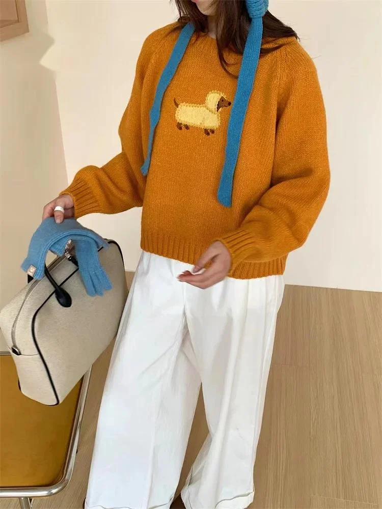 

Dachshund Embroidery Knitted Top Long Sleeves Chic Loose Solid Sweater Ins Warm Thick Animal Print Pullovers