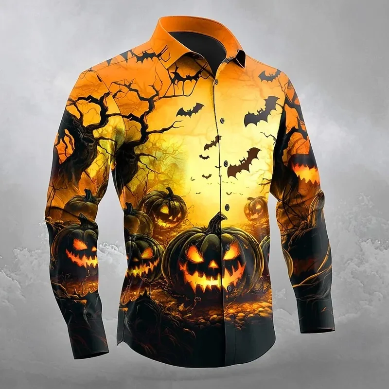 2026 Fall Winter Halloween Theme Men's Pumpkin Bat Halloween Costumes Shirt Button Up Shirt Long Sleeve Shirts Gothic Style Tops