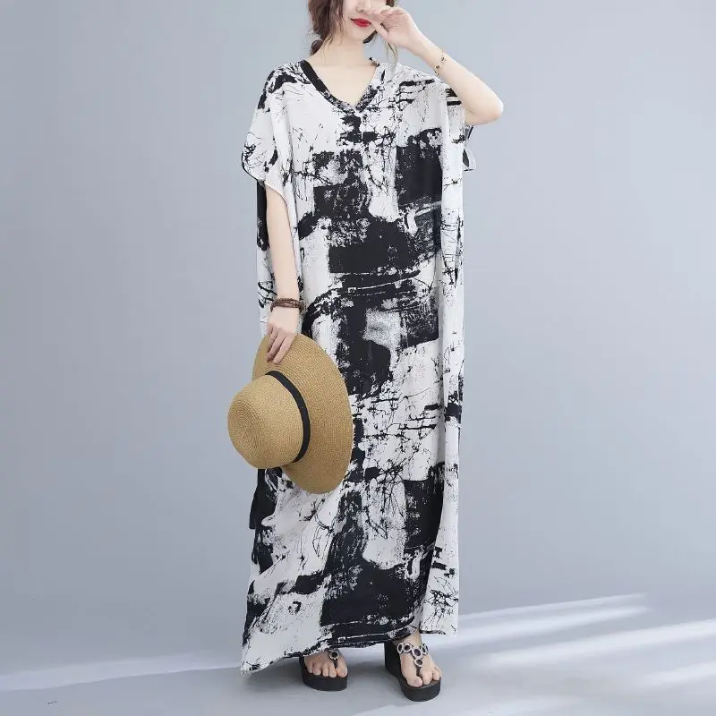 Women\'s Stylish Vintage Print Oversized Short Sleeve Casual Long Dresses Summer V Neck Boho Vacation Beach Maxi Dress Robe Femme