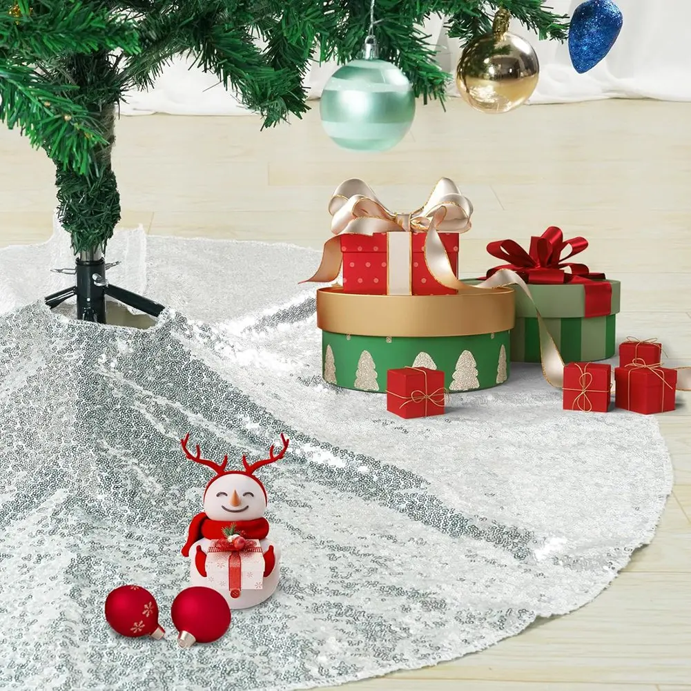 Christmas Small Tree Skirt, 36 Inch Sequin Tree Skirt for Tree Sparkle Xmas Tree Mat for Christmas Decorations Silver