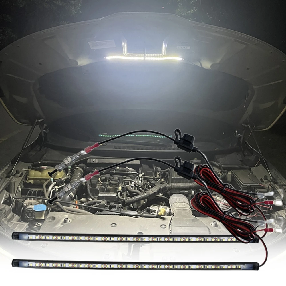 1/2 PCS LED Car Under Hood Work Inspection Light Kit Waterproof 12V White LED Strip Lights Bars Car Hood Lights Fits Any Vehicle