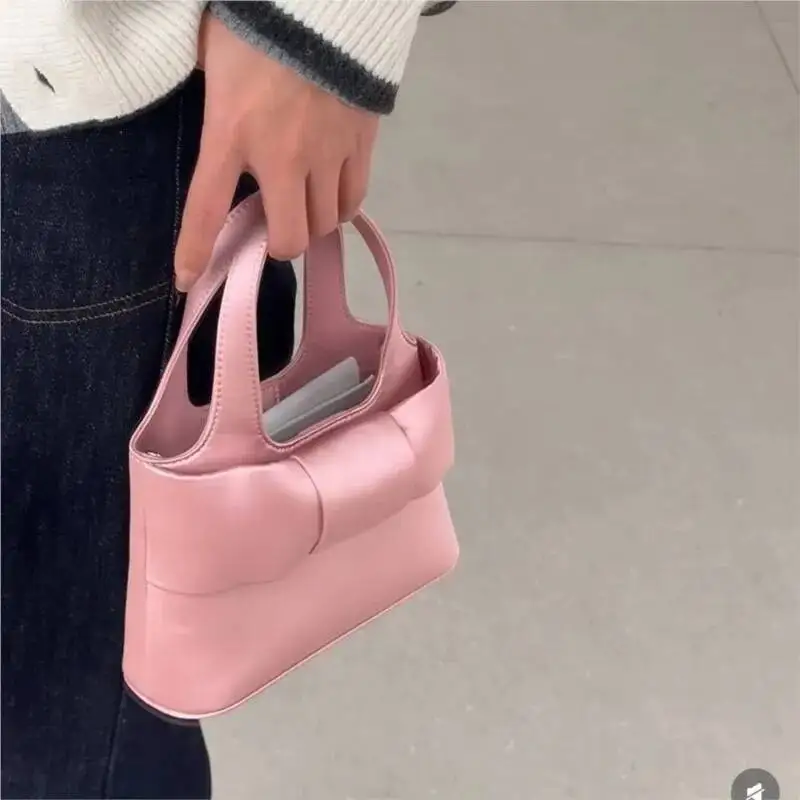 Bloom Sweet Cute Pink Hand Bag Wallet Women Fairycore Aesthetic Bow Satin Handbag Purse Girls Retro Shoulder Crossbody Bags