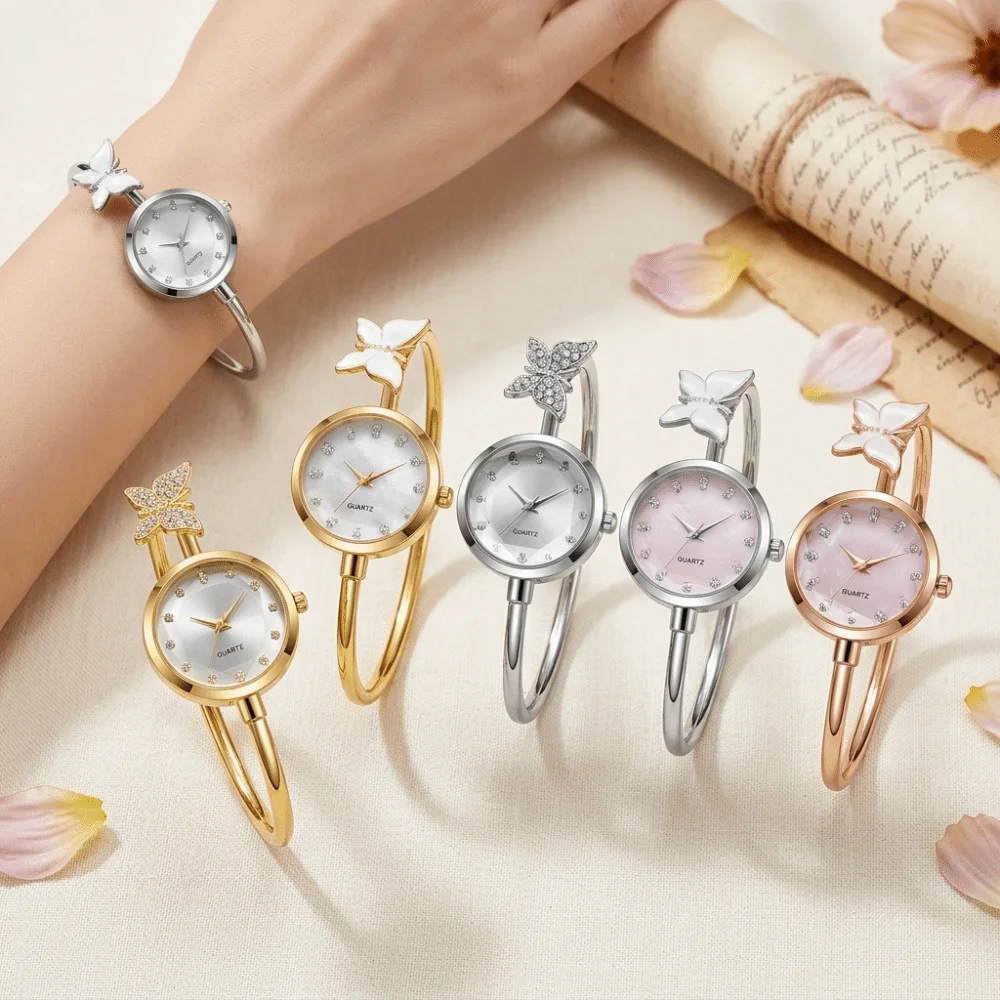 Mother of Pearl Dial Butterfly Bangle Watch Butterfly Motif Quartz Movement Jewelry Bracelet Watch Dainty Design Open Cuff