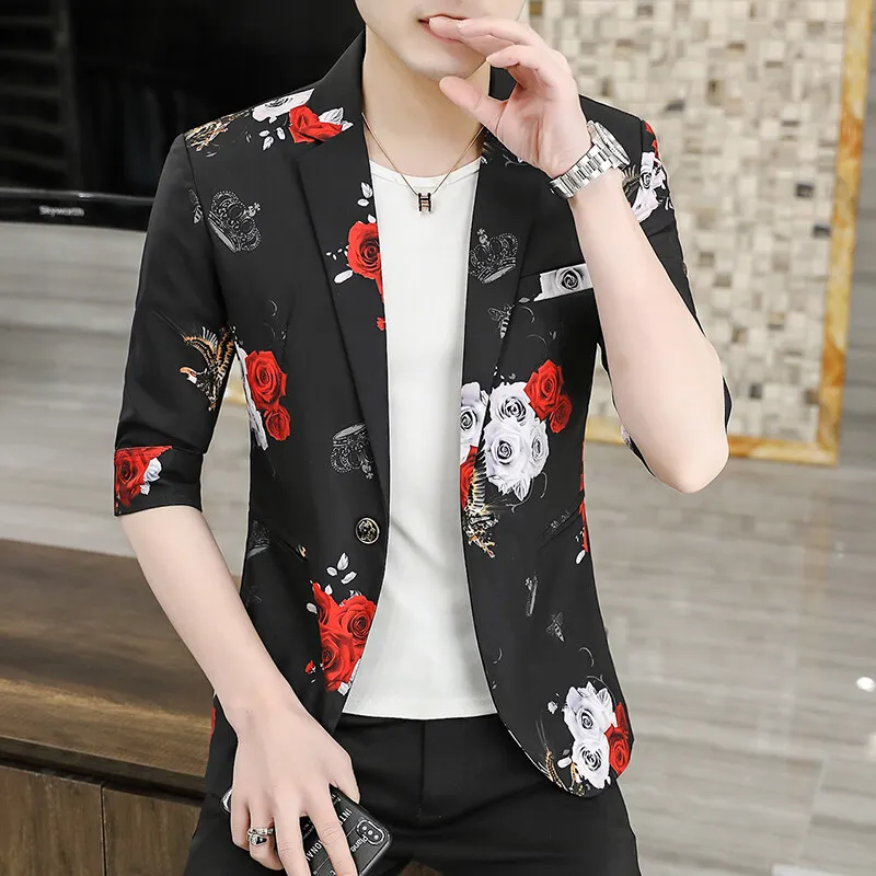 

2025 Spring/Summer New Men's High Quality Casual Fashion Coat Cartoon Single Button Seven Sleeve Western Suit Coat