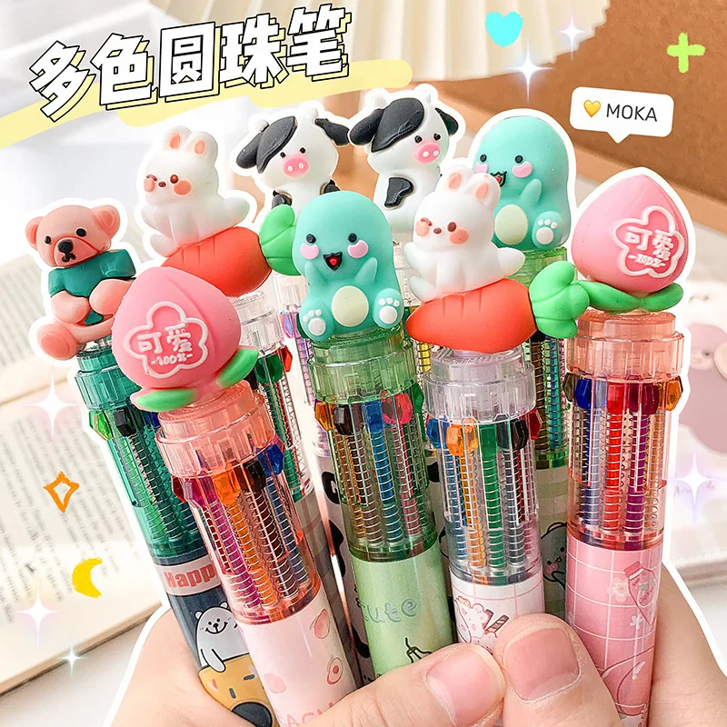 Cartoon ten-color ballpoint pen push-type high-value silicone rebound school supplies multi-color gel pen cute wholesale